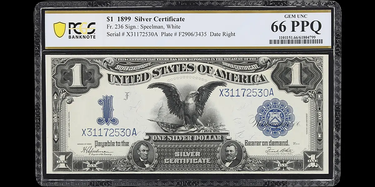  1899 $1 Silver Certificate. PCGS Banknote Gem Uncirculated 66 PPQ