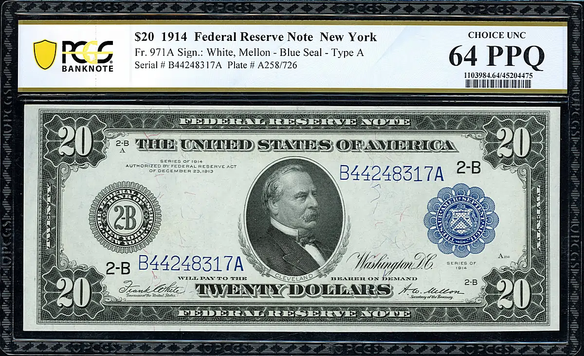 1914 $20 New York Federal Reserve Note White / Mellon PCGS Banknote Choice Unc 64 PPQ