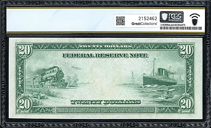 1914 $20 New York Federal Reserve Note White / Mellon PCGS Banknote Choice Unc 64 PPQ - Fr. 971a - Reverse