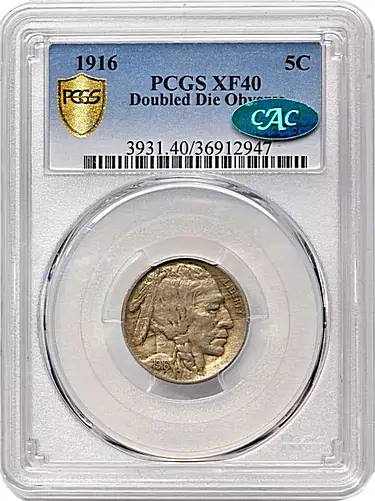 An XF Example with a CAC Sticker. There can be an unknow number of additional Double Die 1916 Nickels. Keep Looking!