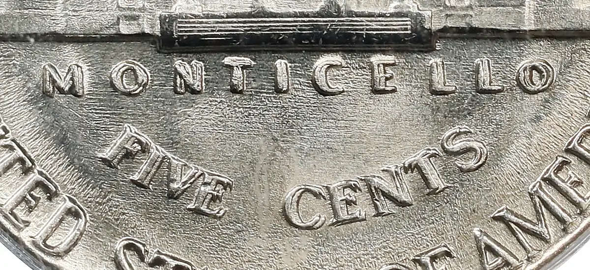Close up of the Double Die Reverse on the Jefferson 1939 Nickel