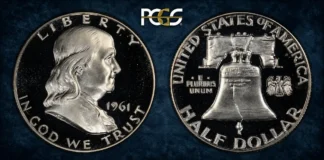 1961 Franklin Half Dollar FS-801: The Red Book Doubled Die With a Cameo Secret 1961 Franklin Half Dollar. FS-801. Doubled Die Reverse. Proof-66+ Cameo (PCGS). CAC. CMQ.