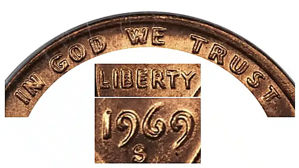 Doubling appears on the 1969-S Lincoln Cent DDO in these three easily identifiable areas.