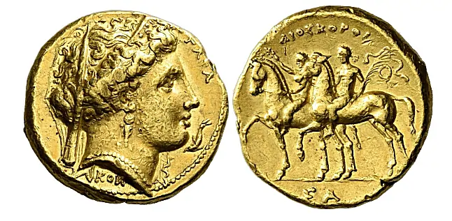 Stater circa 302-300, AV 18 mm, 8.61 g. ΤΑΡΑΣ Veiled head of Hera r., wearing earring and necklace; in r. field, dolphinswimming downwards and below neck truncation, KON. Rev. ΔΙΟΣΚΟΡΟΙ Dioscuri riding l. side by side, the first crowning his horse; while the second holds a palm from which hangs a wreath. In exergue, ΣΑ. Locker Lampson 14 (this coin). Weber 548 (this coin). SNG Lloyd 182 (this coin).