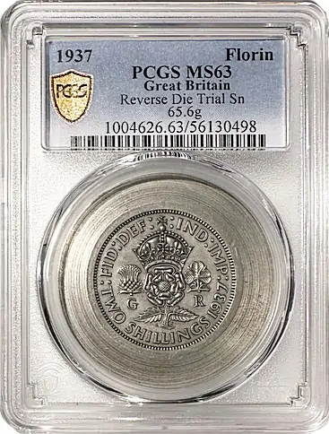 unique 1937 Great Britain Florin (Two Shillings) reverse die trial