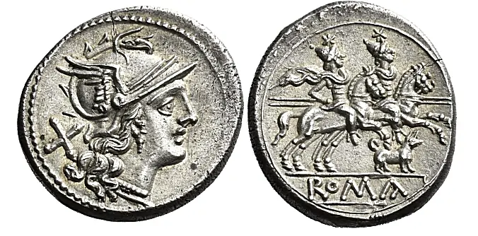 Anonymous issue. Denarius circa 206-195 BCE, 19 mm, 3.95 g. Helmeted head of Roma r.; behind, X. Rev.The Dioscuri galloping r.; below, dog r. In exergue, ROMA in linear frame. Crawford 122/2. Rare and possibly among the finest specimens known. Sharply struck