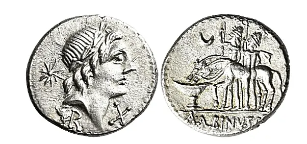 A. Postumius Sp. f. Albinus and L. Metellus. Denarius 96 (?), 18 mm, 3.93 g. Laureate head of Apollo r.; behind, eight-rayed star and before, X. Below neck, R. Rev. The Dioscuri watering horses at fountain of Juturna; above, crescent. In exergue, A·ALBINVS·S·F. Crawford 335/10b. Rare and in exceptional condition for the issue. Struck on a very broad flan andexceptionally complete. Virtually as struck and almost Fdc