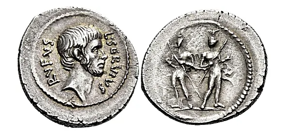 L. Servius Rufus. Denarius 43, 20 mm, 3.96 g. L·SERVIVS – RVFVS Male head (Brutus) r. Rev. Dioscuri standingfacing, both holding spears and with swords hanging from waist. Crawford 515/2.