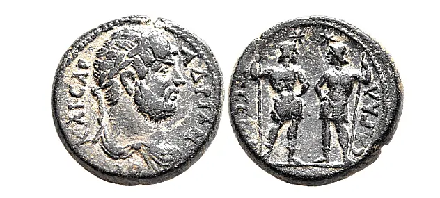 PISIDIA. Sagalassus. Hadrian, 117-138. Assarion (Bronze, 20 mm, 6.83 g,). ΑΔΡΙΑΝΟС ΚΑΙСΑΡLaureate and draped bust of Hadrian to right, seen from behind. Rev. ϹΑΓΑΛ[Α]ϹϹЄⲰ[Ν Μ] The Dioskouroi, each holding scepter and placing hand on hip, standing facing and looking at each other. RPC III 2795. RPC III online 2795.5 (this coin). Extremely rare