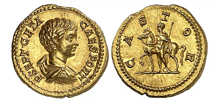 Geta, as Caesar, 198-209. Aureus 200-202, Rome. P SEPT GETA - CAES PONT Draped and cuirassed bust right / CASTOR Castor standing left, holding scepter and reins of his horse. 7,46g. Calicó 2875 (this specimen illustrated); RIC 6 var. Provenance: L. Biaggi de Blasys Collection (1906-1979), 1246. Hess-Leu (7 April 1960), 367. In imperial coinage, Castor was often associated with the Caesars. He appeared on coins issued under Marcus Aurelius and Commodus during their time as Caesars. In Roman symbolism, the Dioscuri embodied the ideal of youthful, dynamic, and valiant gods.