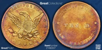 1849 Miners’ Bank $10 Gold Coin: A Gold Rush Fortune, a Private Mint, and a Scanda (1849) California Gold $10 Ten Dollar Miner's Bank Plain Border PCGS AU-58 (CAC Green) (Toned)