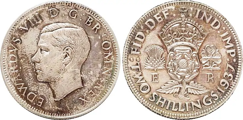 New reverse design for Edward VIII's florin with crowned Tudor rose at the center.
