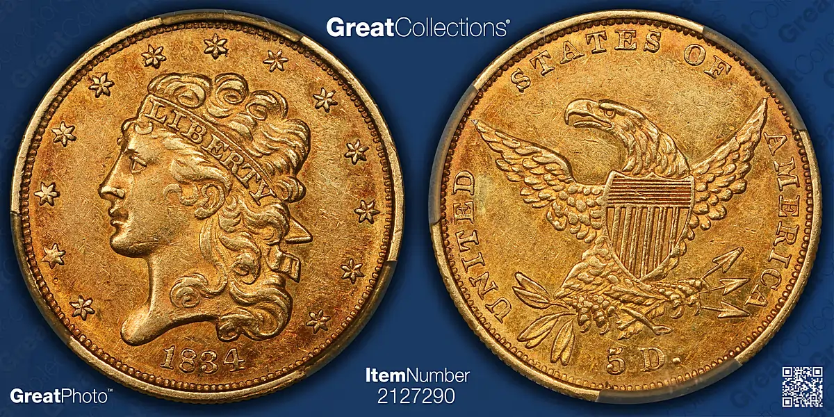1834 Classic Head “Plain 4” Half Eagle, AU-58 CACG