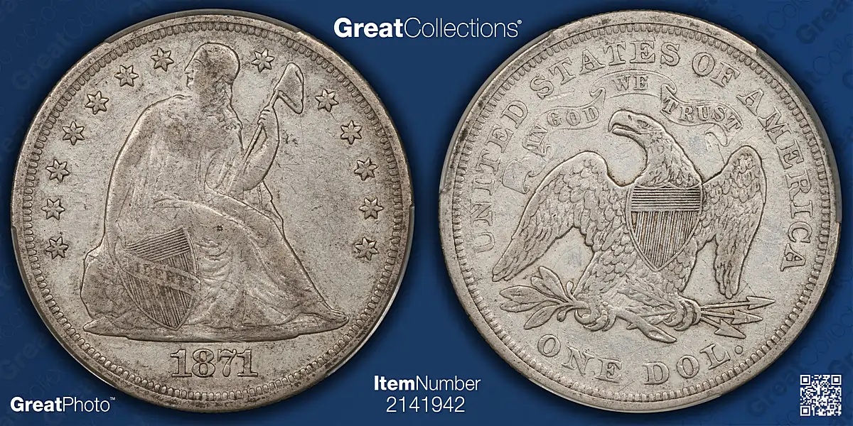 1871 Liberty Seated Dollar, XF-40 CACG