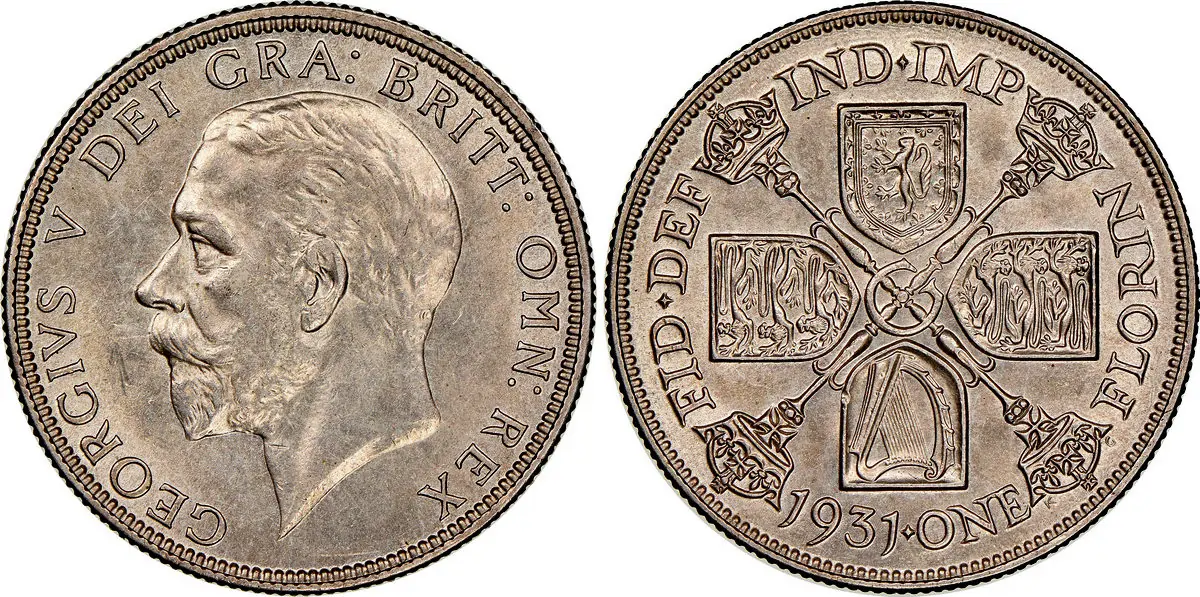 King George V reigned from 1927-1936. The Florin featured his portrait on the obverse and a cross of crowned scepters and shields on the reverse.