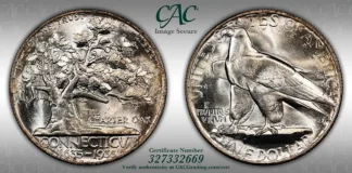 CAC Coins Bring Huge Auction Premiums in May 2026 1935 Connecticut Commemorative Half Dollar, MS-66 CACG