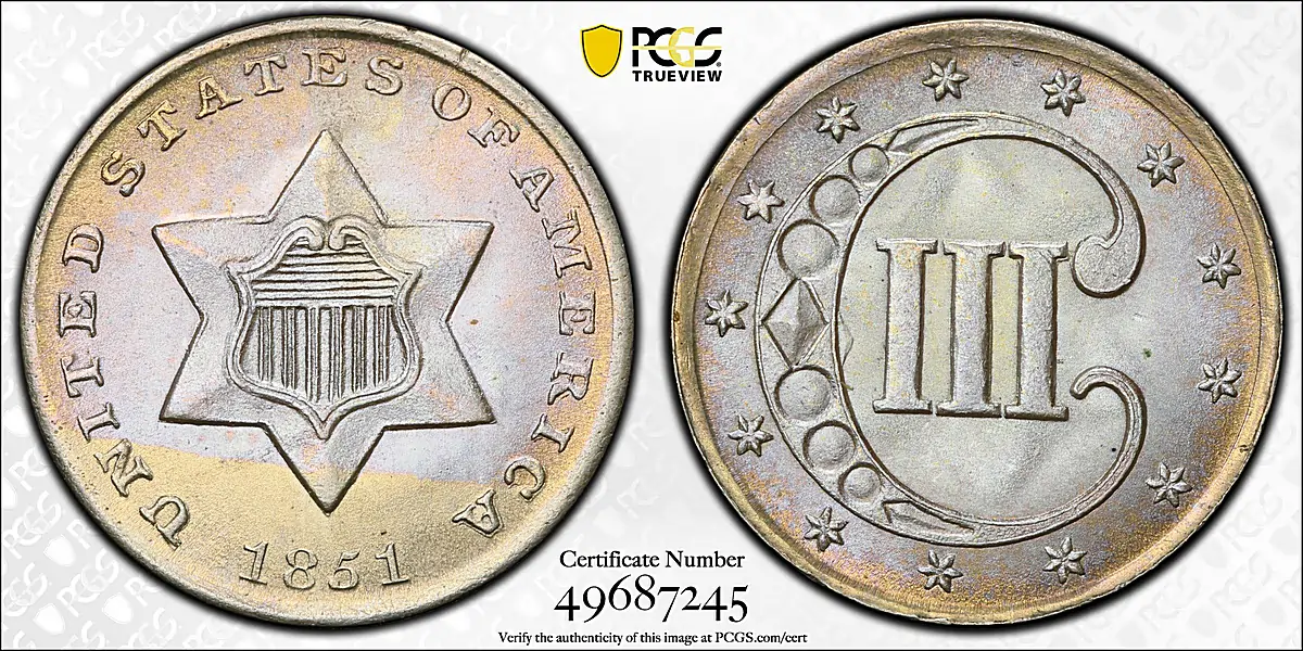 1851 Silver Three-Cent Piece. MS-67 (PCGS).