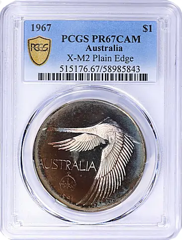 Australia 1967 Silver Dollar Andor Meszaros Fantasy Plain Edge KM-XM2 PCGS Proof-67 CAMEO (Toned)