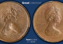 No-date Canada cent, circa 1978-1989, flip-over double-struck with uniface reverse strikes, CACG MS-62 BN. Image courtesy of GreatCollections.