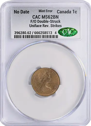 Canada Mint Error ND Cent Flip Over Double Struck Uniface Reverse Strikes CACG MS-62 BN