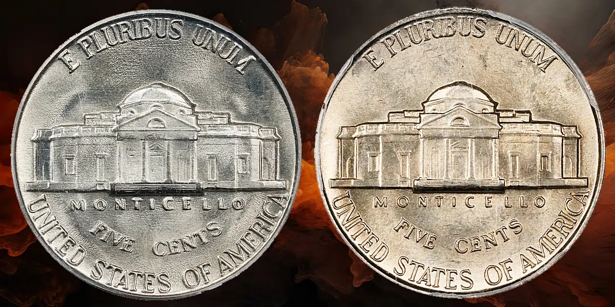 [LEFT] 1939 Jeffereson Nickel Double Die Reverse - [RIGHT] Regular reverse of Jefferson Nickel