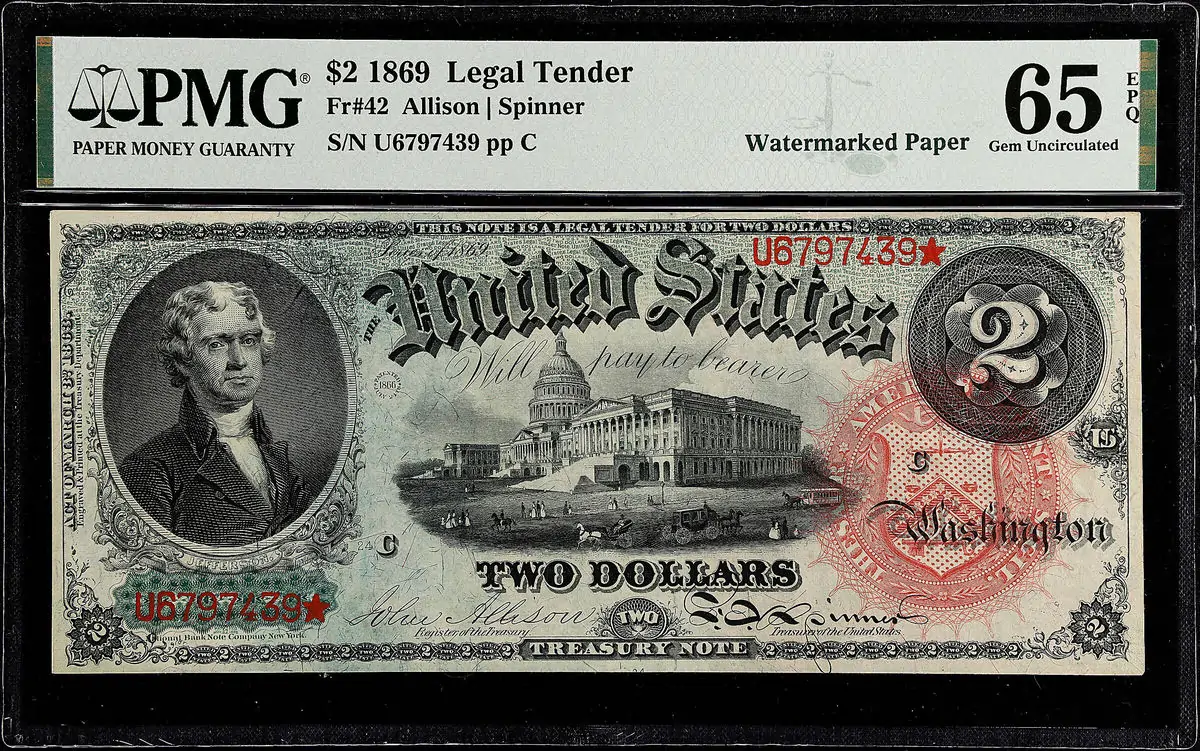 1869 Rainbow $2 bill with Thomas Jefferson portrait and United States Capitol vignette.