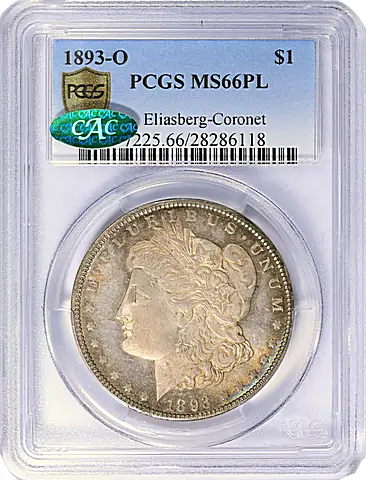 1893-O Morgan Silver Dollar PCGS MS-66 PL (CAC Green)