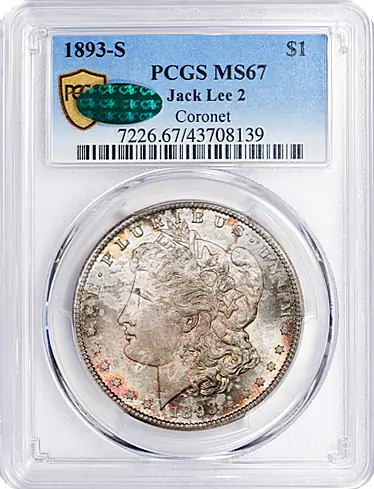 1893-S Morgan Silver Dollar PCGS MS-67 (CAC Green) (Toned) (Ex. Jack Lee, Coronet)