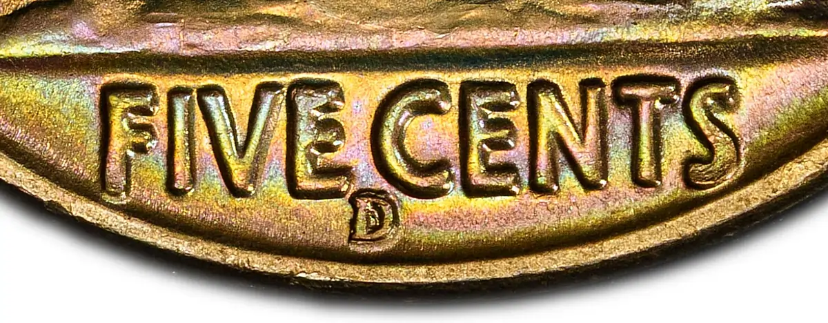1938-D/S Buffalo Nickel showing Denver mintmark punched over San Francisco mintmark