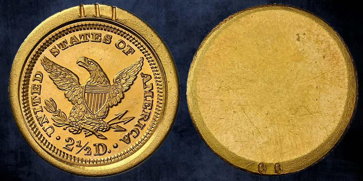 Counterfeit 1859 $2½ Liberty Gold Proof Reverse Die Trial Uniface - Judd # A-1859-8
