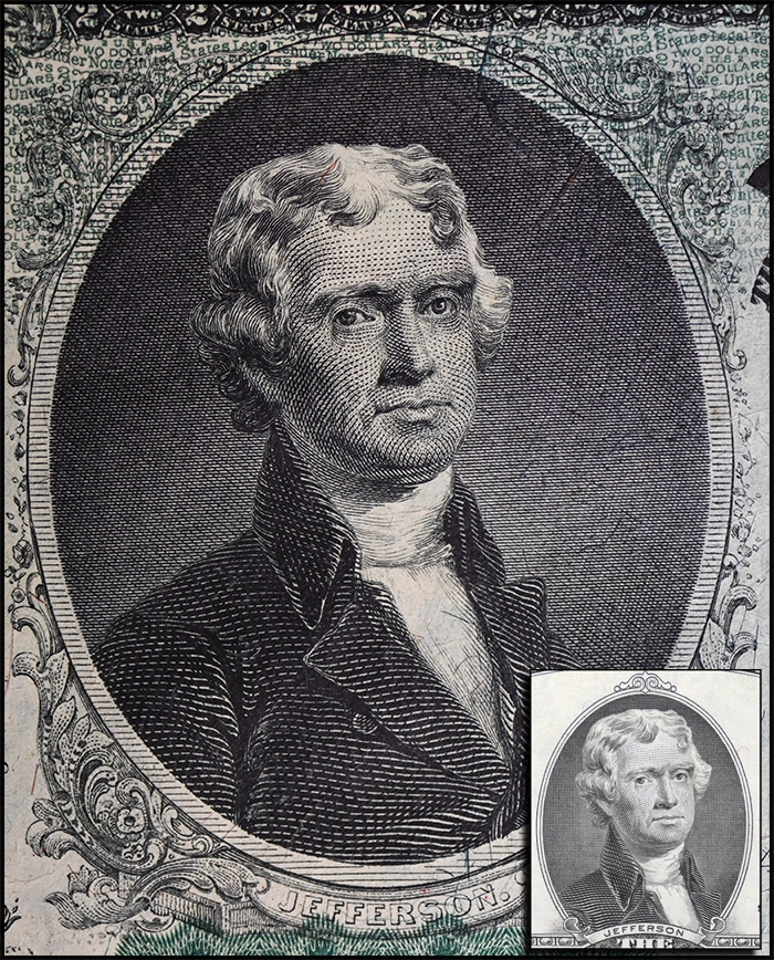 Comparison of Thomas Jefferson portraits on the 1869 and modern two-dollar bills.
