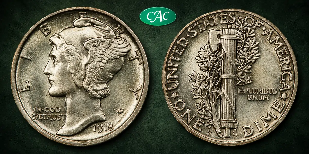 CAC approved, PCGS certified MS- 66-FB 1918-S dime