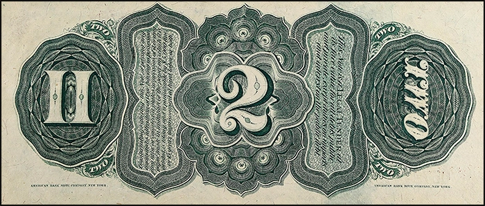 Green reverse design of the 1869 Rainbow two-dollar bill.