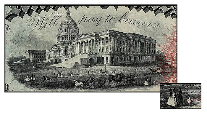 Detailed United States Capitol scene on the 1869 Rainbow two-dollar note.