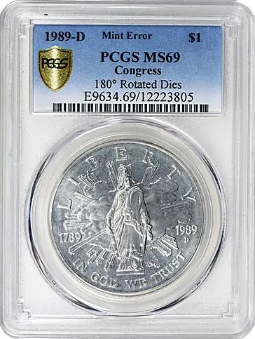 Mint Error 1989-D Congress Bicentennial Silver Dollar 180 Degrees Rotated Dies
