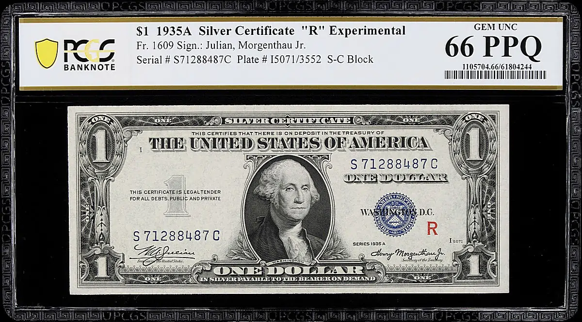 1935A $1 Silver Certificate. (R) Experimental. PCGS Banknote Gem Uncirculated 66 PPQ. FR-1609