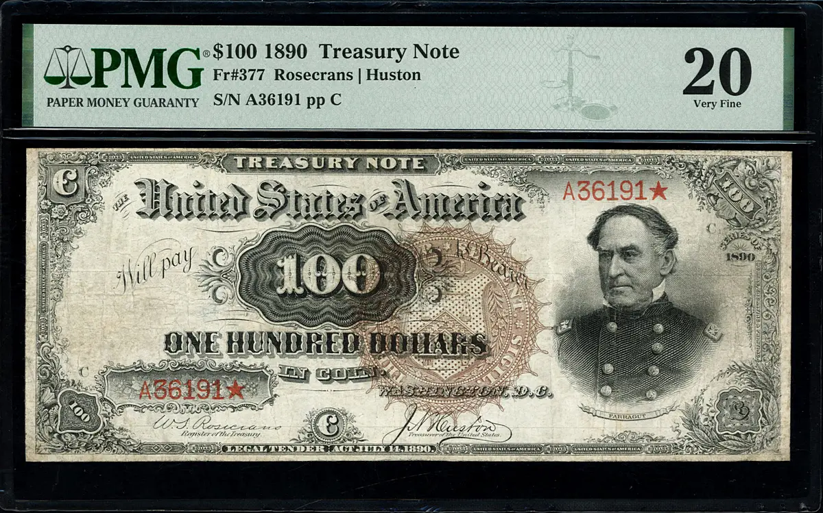 1890 $100 Watermelon Treasury Note Fr. 377 with Admiral David Farragut and famous green Watermelon reverse