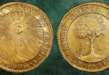 Gold Sun of a Lost Republic: 1828 Costa Rica 8 Escudos Could Bring $300,000 COSTA RICA. Central American Republic. 8 Escudos, 1828-CR F. San Jose Mint. NGC MS-63+