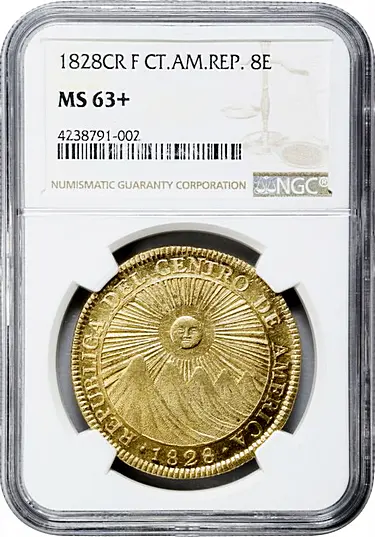 COSTA RICA. Central American Republic. 8 Escudos, 1828-CR F. San Jose Mint. NGC MS-63+