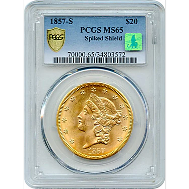 1857-S $20 Liberty Head Double Eagle PCGS MS-65 Spiked Shield