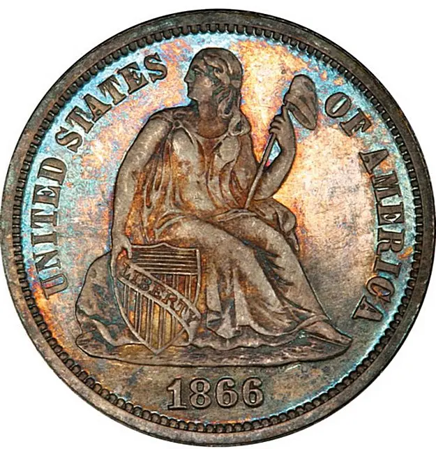 1866 Toned Seated Dime