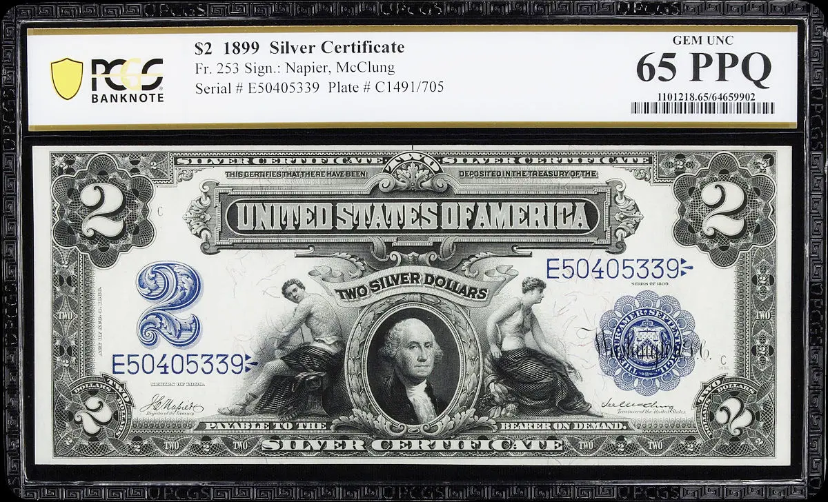 1899 $2 Silver Certificate. PCGS Banknote Gem Uncirculated 65 PPQ.