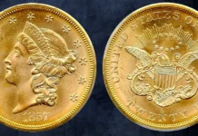 1857-S $20 Liberty Head Double Eagle PCGS MS-65 Spiked Shield