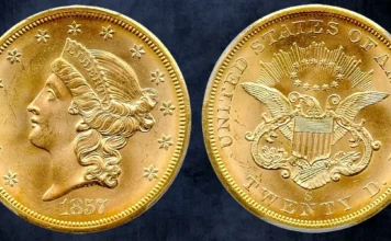 1857-S $20 Liberty Head Double Eagle PCGS MS-65 Spiked Shield