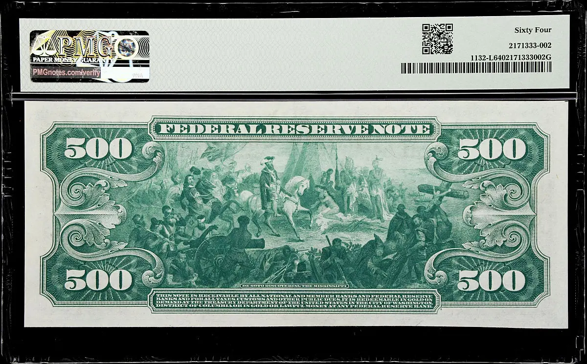 Exceptional $500 Federal Reserve Note Issued Under the Series of 1918 - Reverse