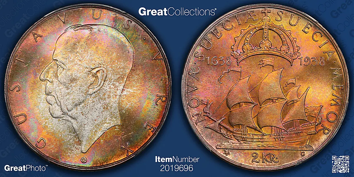 Sweden 1938-G Silver 2 Kronor Settlement of Delaware 300th Anniversary KM-807 PCGS MS-65+ (Toned)