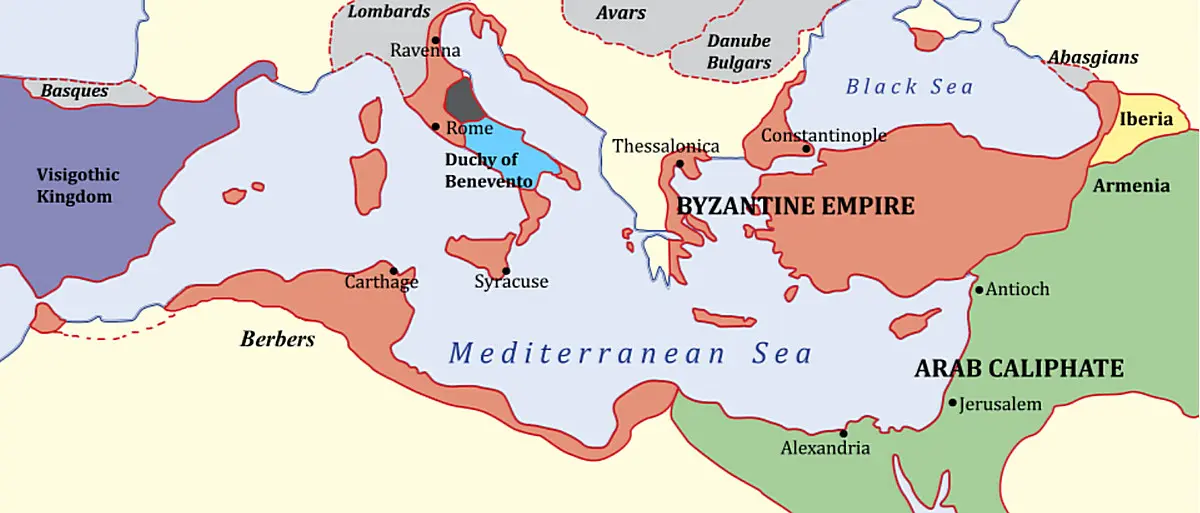 The Byzantine Empire in 650 CE.