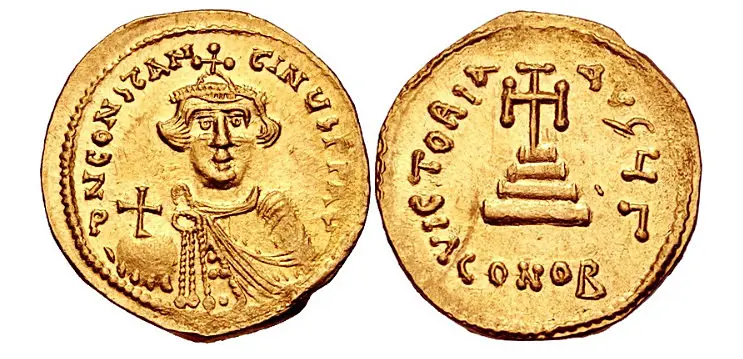 Constans II.Gold Solidus (20mm, 4.51 g). Constantinople mint, 3rd officina. Struck 641-646/7. Crowned and draped bustfacing, holding globus cruciger / Cross potent set on three steps; Γ//CONOB. DOC 1a ; SB 936.
