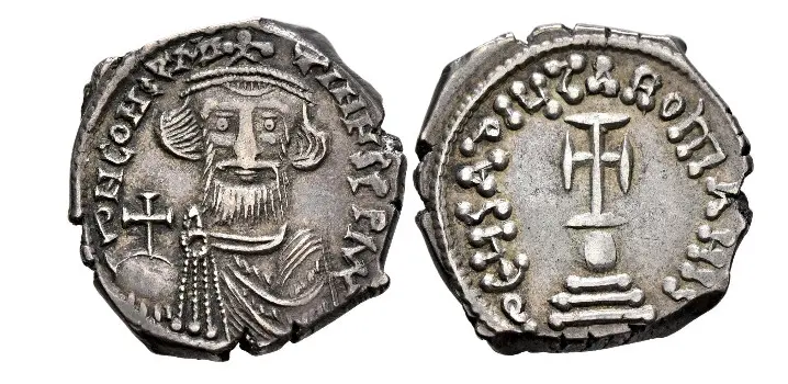 Hexagram (Silver, 22 mm, 5.48 g, ), Constantinopolis, 647-651. δ N CONSTANTINЧS P P AV Crowned anddraped bust of Constans II facing, holding globus cruciger in his right hand. Rev. δЄЧS AδIЧTA ROmANIS Cross potent on globus set on three steps. DOC 50. SB 991.