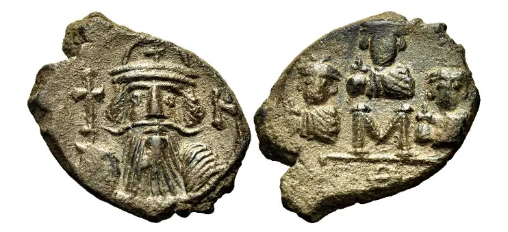Constans II, with Constantine IV, Heraclius, and Tiberius, 641-668. Follis (Bronze, 26 mm, 5.51 g,),Constantinople, or possibly Thessalonica (?), 666-668. Facing bust of Constans II, with a long beard, wearing a plumed helmet, and holding a globus cruciger in his right hand; in the right field, K. Rev. Facing busts of Heraclius, Constantine and Tiberius, each holding a globus a cruciger in his right hand, to left, above and to right of a large M; in the exergue, Θ. SB 1023